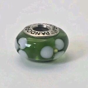Pandora Green Murano Glass White Flower Charm 925 ALE Retired Bead